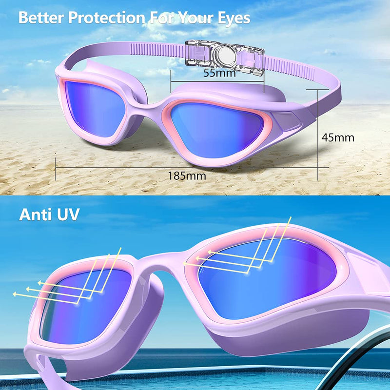 Polarized Swim Goggles，COPOZZ Mirror/Clear Swimming Water Goggles for Adult &Youth Purple Frame Blue Lens - BeesActive Australia