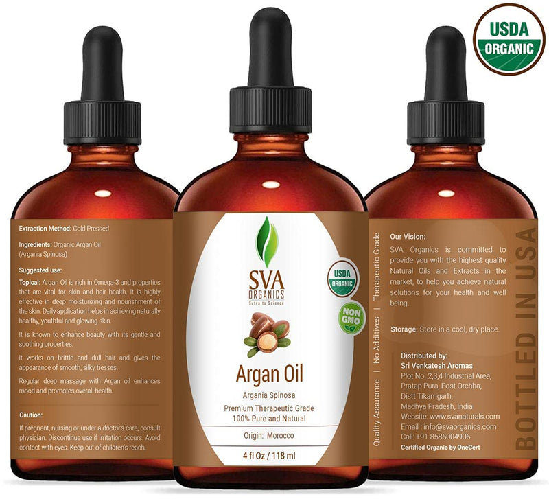 SVA Organics Argan Oil Organic Cold Pressed 4 Oz USDA 100% Pure & Natural Authentic Premium Therapeutic Grade Carrier Oil for Shiny Hair, Beard, Face, Dry Skin Care, Body Moisturizer - BeesActive Australia