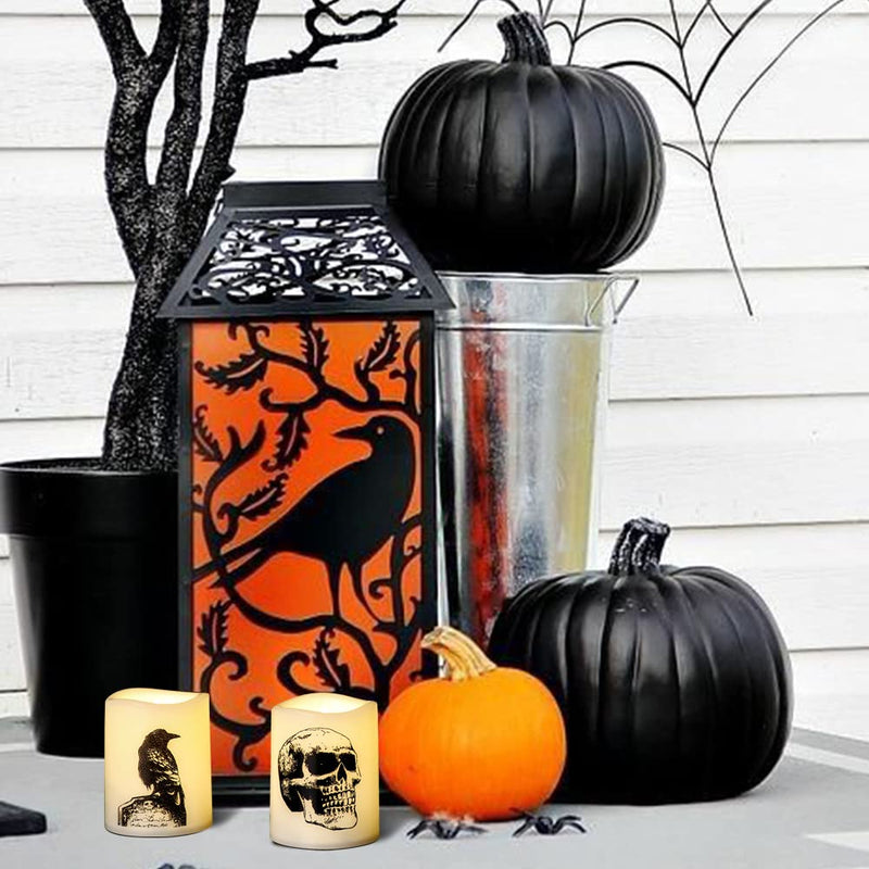 Wondise Halloween Flameless Tea Light Candles with Timer, 6 pcs Battery Operated LED Flickering Votive Candle with Skull Spider Crow Print for Halloween Decoration - BeesActive Australia