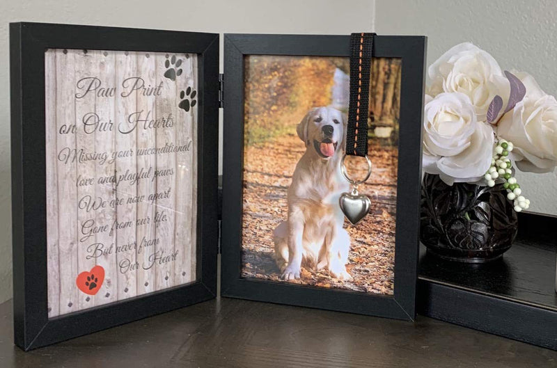 Pawprints Remembered Pet Memorial 5"x7" Picture Frame for Dog or Cat with Ribbon and Hanging Pendant - Features a Folding Photo Frame and Sympathy Poem - Loss of Pet Gift Heart Pendant - BeesActive Australia