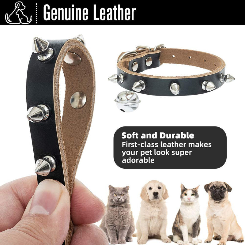 BINGPET Genuine Leather Cat Collar with Bells - Studded Cat Collar with Spikes Soft and Strong Real Leather Made, Adjustable for Small Dogs Puppy Cats - BeesActive Australia