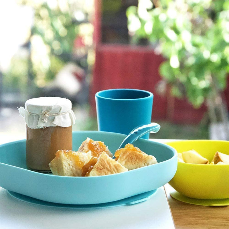 Béaba - Silicone Feeding Meal Set - Set of 4 Pieces : Plate + Bowl + Cup + Spoon - Silicone with Strong Suction pad - Baby and Children - Blue - BeesActive Australia
