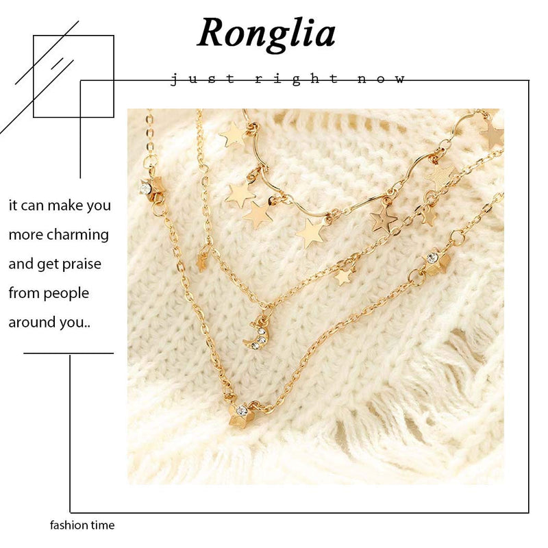 Ronglia Boho Layered Star Choker Necklace Gold Crystal Moon Tassel Necklaces Chain Jewelry for Women and Girls - BeesActive Australia