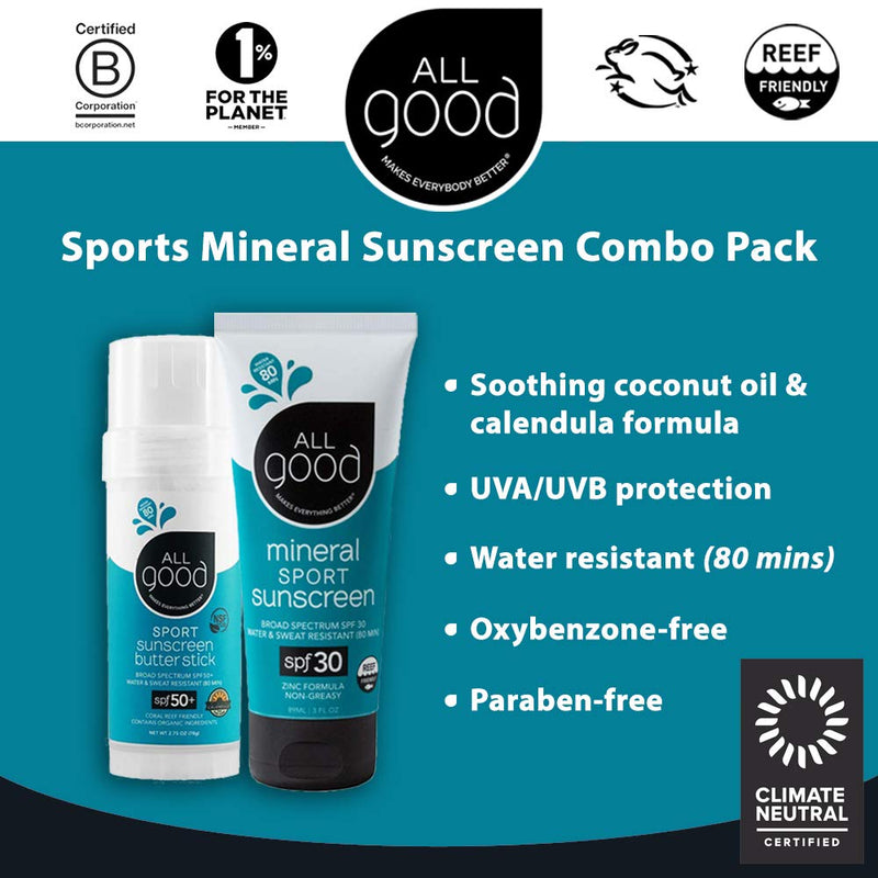 All Good Sport Face & Body Sunscreen - UVA/UVB Broad Spectrum, Water Resistant, Coral Reef Friendly - (2) SPF 50 Butter Sticks & (2) SPF 30 Lotions 4-Pack - BeesActive Australia