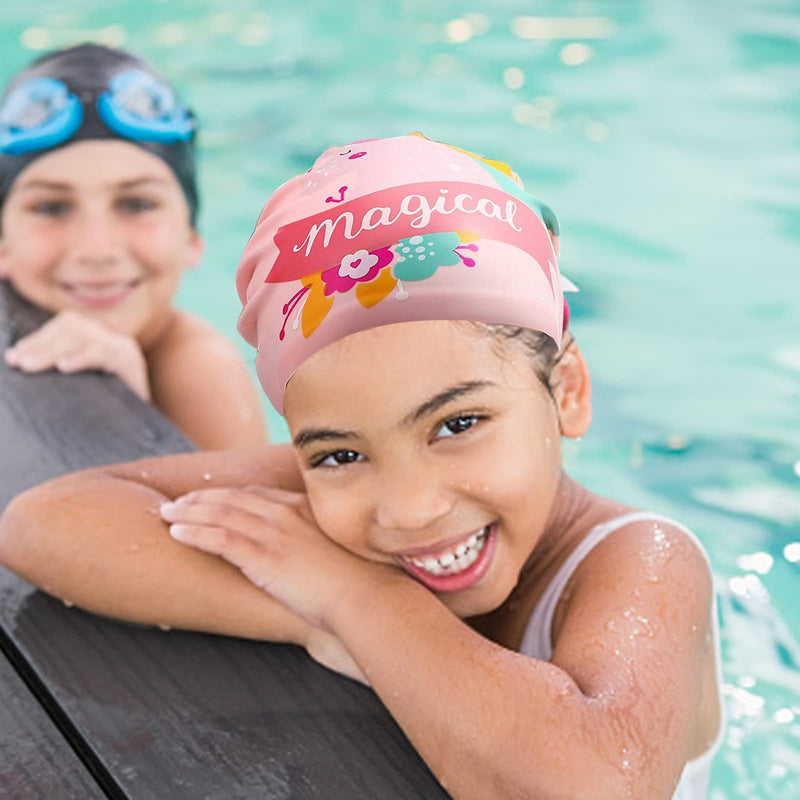 2PCS Kids Swim Cap, Kids Silicone Swimming Cap Waterproof Bathing Caps Non-Slip Cartoon Toddler Swim Hats for Short and Long Hair Kids Boys Girls Toddler - BeesActive Australia