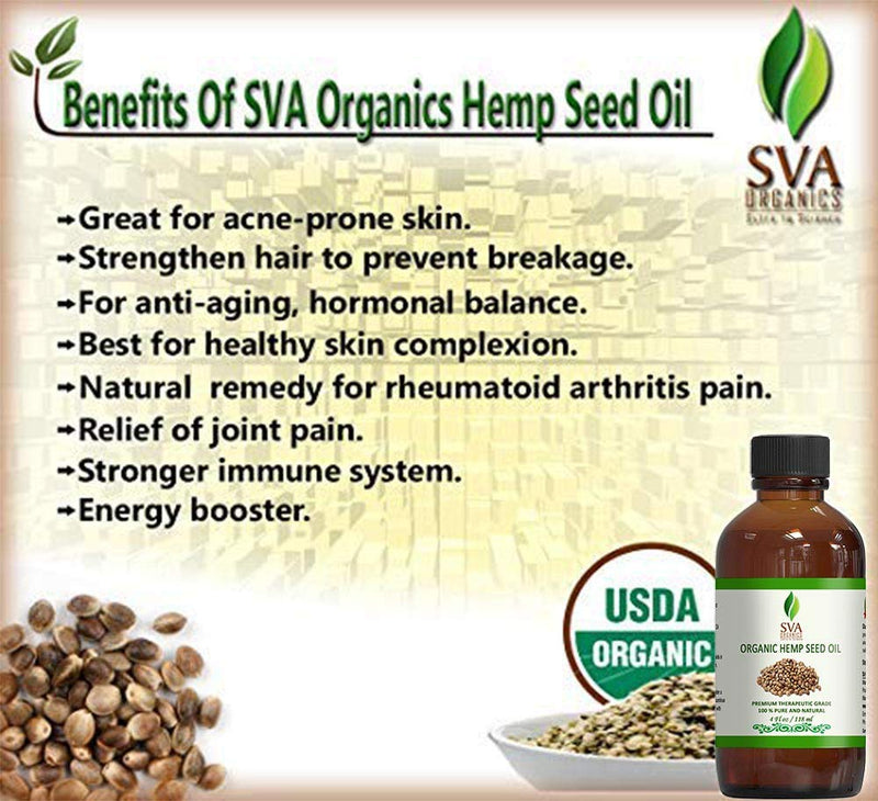 SVA Organics Hemp Seed Organic USDA Cold Pressed Oil 4 Oz Pure Carrier Oil for Skin Cream, Face Serum, Hair Products, Cosmetics, Makeup, Soap, Hair & Body Oil - BeesActive Australia