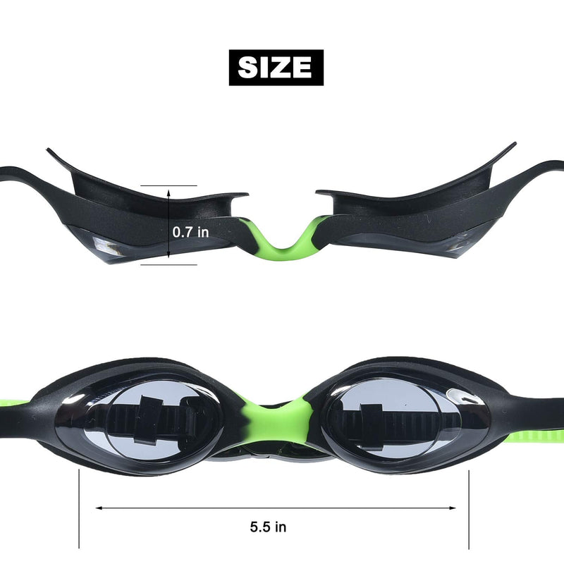 PHELRENA Kids Swim Goggles with Earplugs Nose Clip, Kid swimming goggles with Anti-UV, Anti-fog Lenses Black - Green - BeesActive Australia