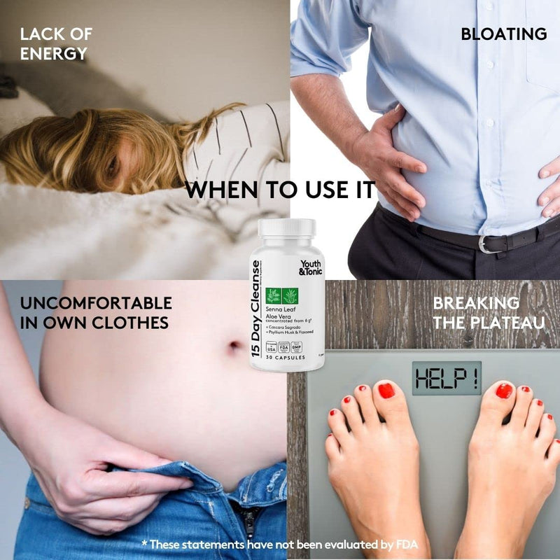 Youth & Tonic 15 Day Colon Cleanser & Detox for Waste Loss to Feel Lighter or Break The Plateau | Natural Cleanse Pills for Belly Bloat for Men & Women | 30 caps - BeesActive Australia
