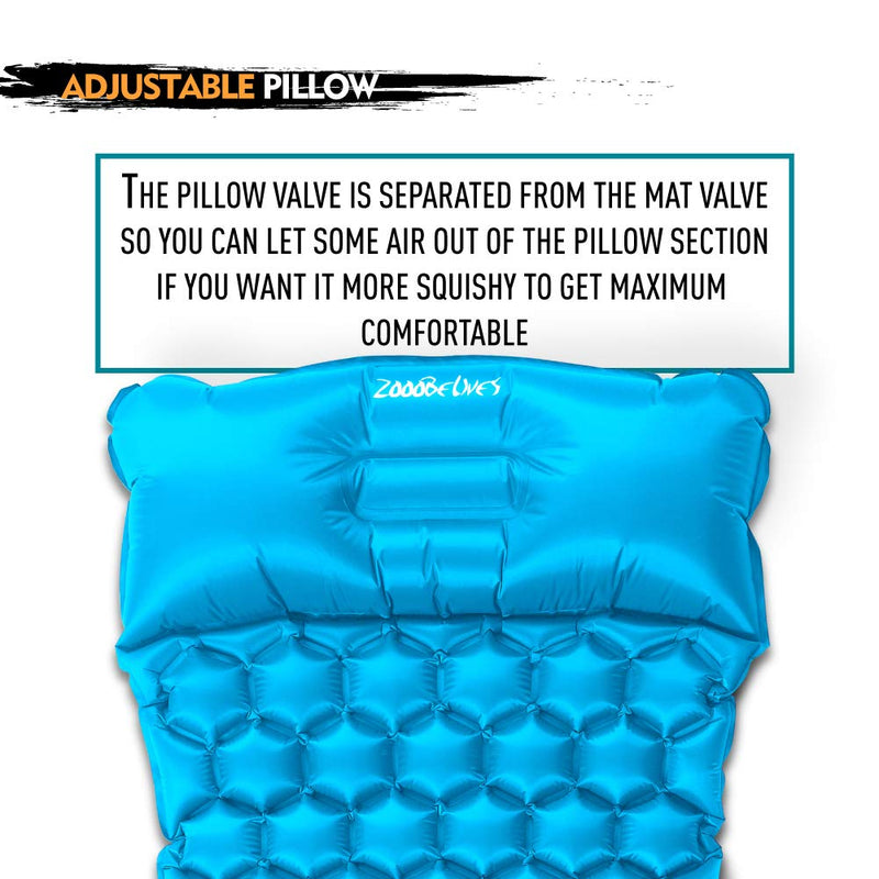 ZOOOBELIVES Ultralight Sleeping Pad with Built-in Pillow, Inflatable Camping Mattress for Backpacking, Traveling and Hiking, Compact and Portable Camp Mat Aqua Blue - BeesActive Australia