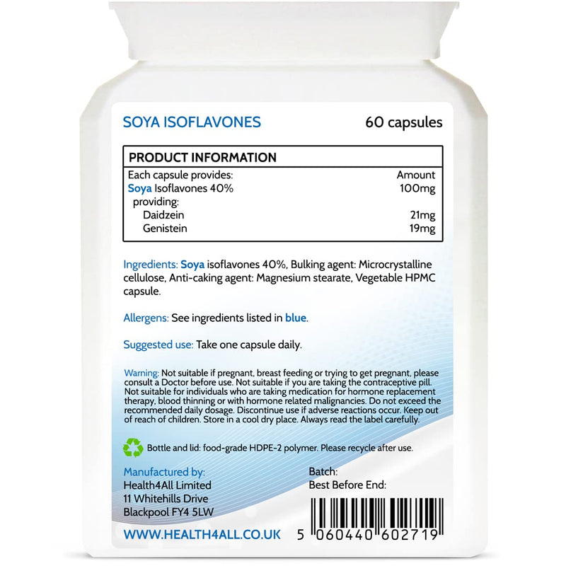 SOYA Isoflavones 40mg 60 Capsules (V) . GMO Free, Non-Irradiated, Menopause Support Supplement Made in The UK by Health4All 60 Count (Pack of 1) - BeesActive Australia