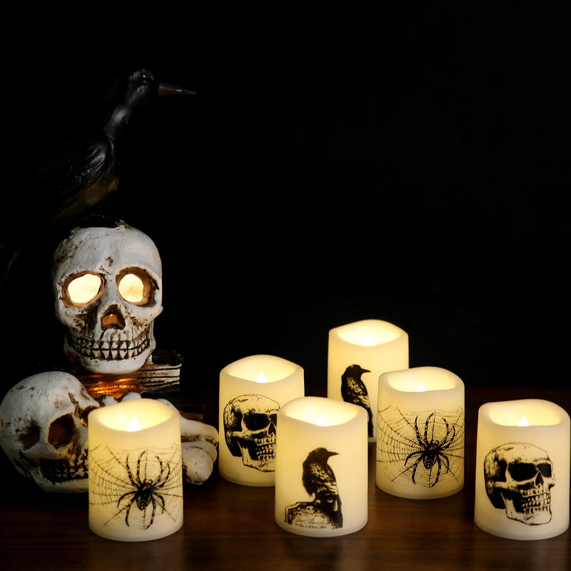 Wondise Halloween Flameless Tea Light Candles with Timer, 6 pcs Battery Operated LED Flickering Votive Candle with Skull Spider Crow Print for Halloween Decoration - BeesActive Australia