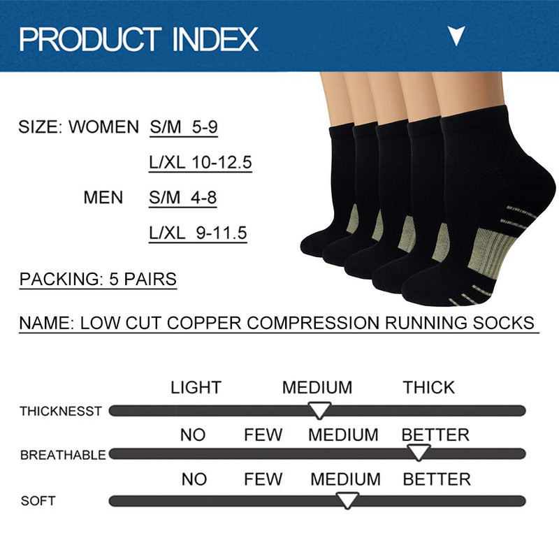 Copper Compression Running Socks For Men & Women-5/10 Pairs-Fit for Athletic,Travel& Medical A01-5 Black Small / Medium - BeesActive Australia