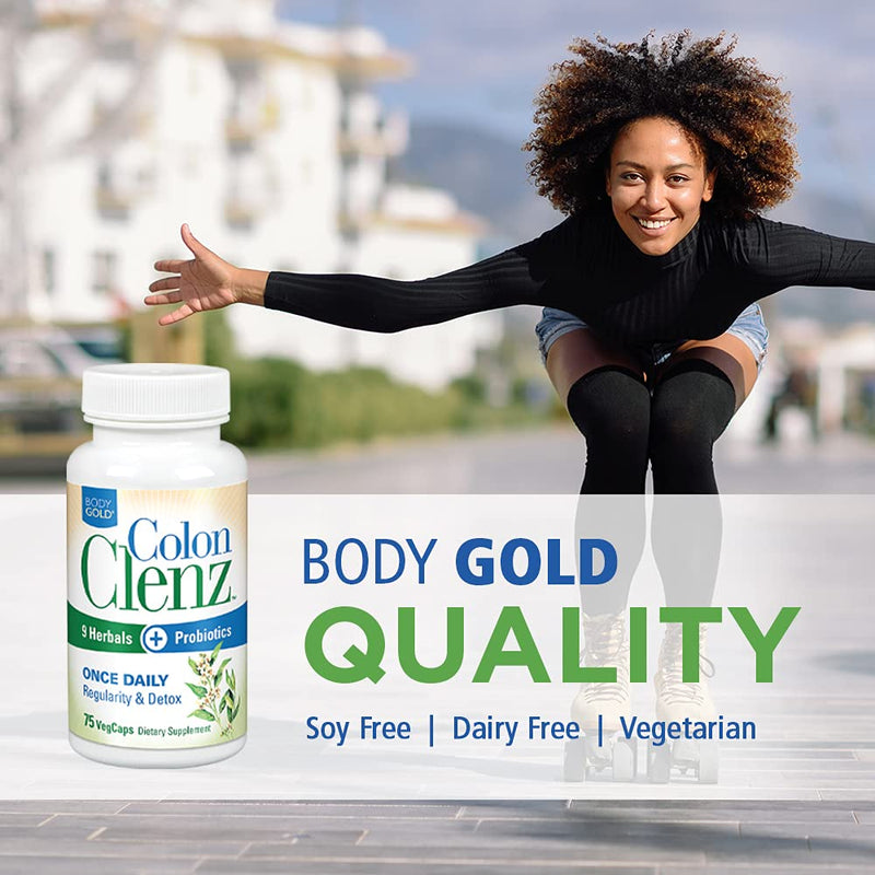 Body Gold Colon Clenz Regularity & Detox Formula | Once Daily Support with 9 Herbs + Active Probiotics | 75 CT 75 Count (Pack of 1) - BeesActive Australia