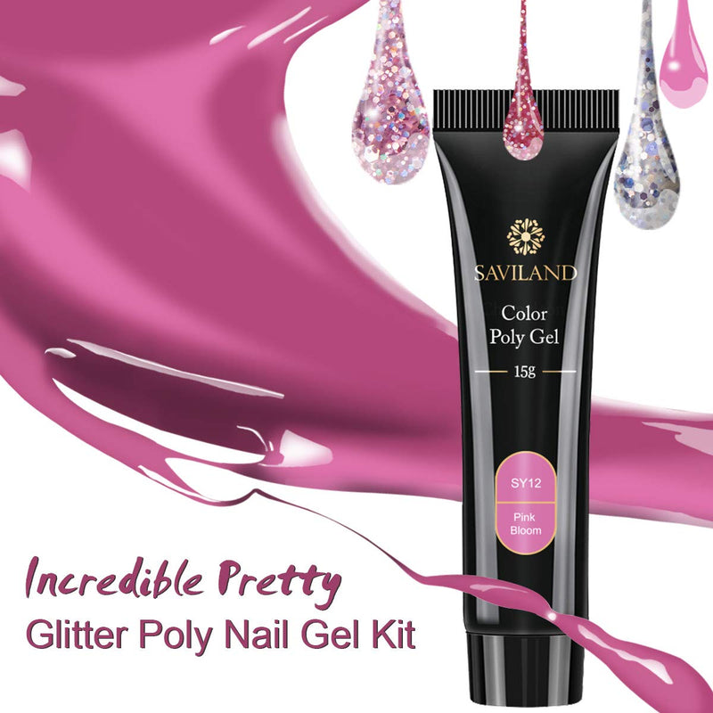 Saviland Poly for Nail Gel Kit - Glitter Poly Nails Gel 7 Colors Builder Gel Nail Extension Gel Nail Enhancement Manicure Kit for Gel Polish Starter and Professional Nail Technician Pink Series - BeesActive Australia