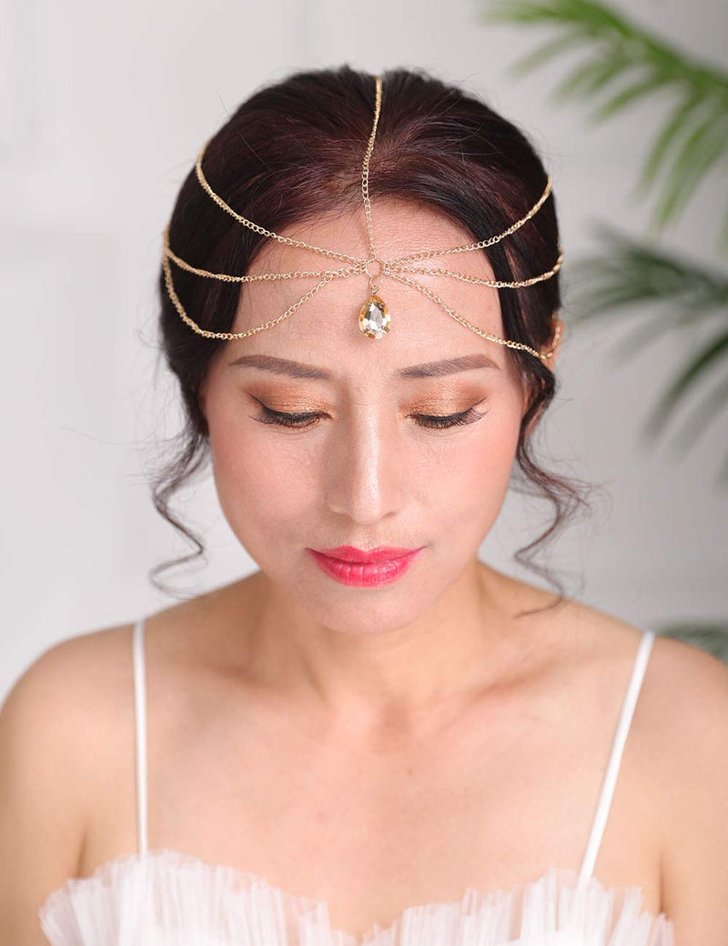 Denifery Bridal Boho Gold Rhinestone Head Chain Bridal Headpiece Bohemian Wedding Hair Accessories - BeesActive Australia