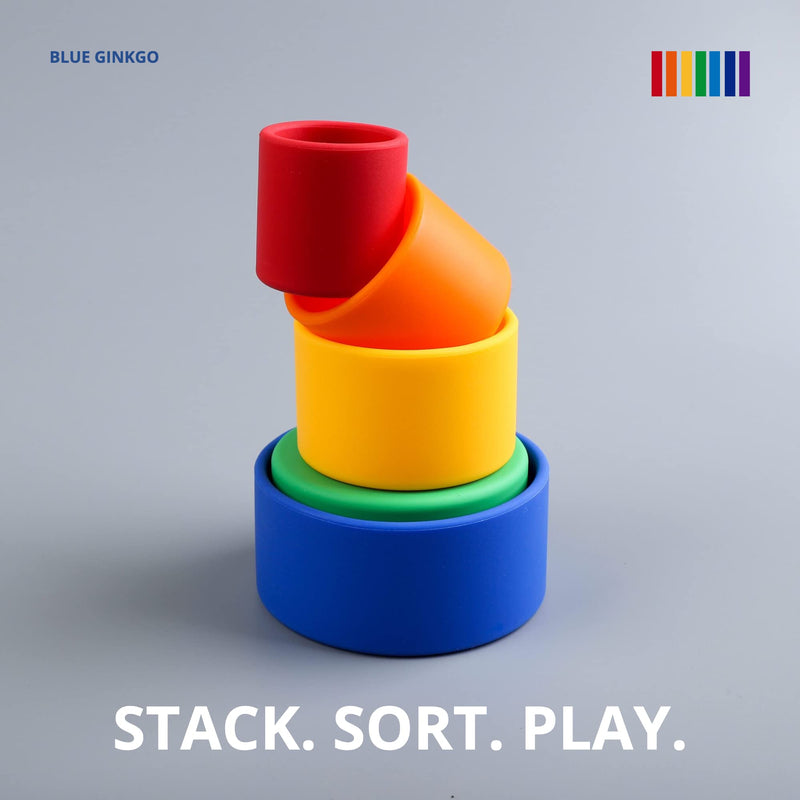 BLUE GINKGO Silicone Stacking Cups - Nesting Cups and Silicone Stacking Toy - Open Ended Montessori Toddler and Baby Stacking Cups - Neutral Baby Toys (5 Cups - Vibrant) - BeesActive Australia