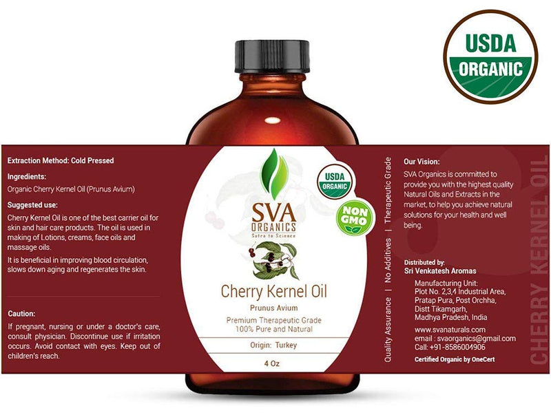 SVA Organics Cherry Kernel Oil Organic USDA 4 Oz Pure Natural Cold Pressed Undiluted Carrier Oil for Face, Skin, Hair, Nails Care, Foot & Body Massage - BeesActive Australia