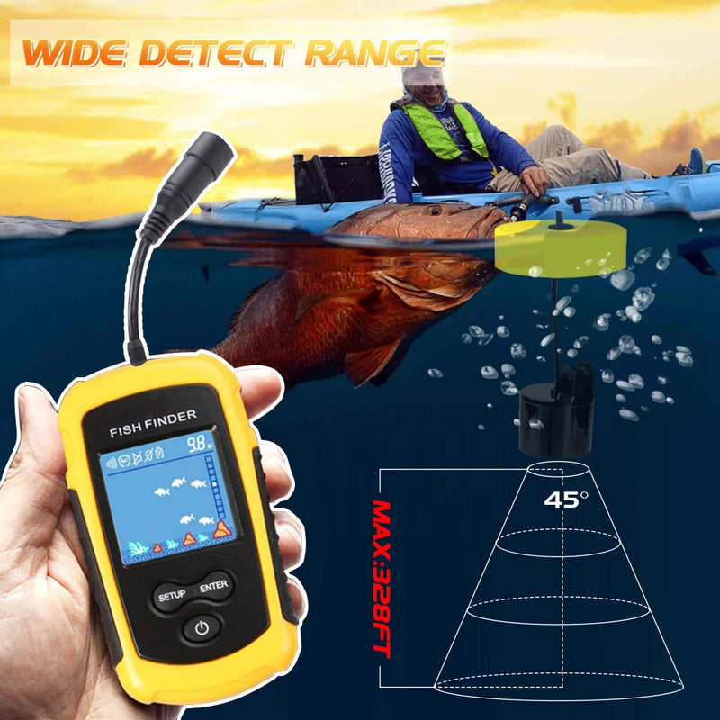 Atibin Handheld Kayak Fish Depth Finder Portable Transducer Fish Finder Sonar Boat Dock Fish Finders Display Water Fishing Yellow - BeesActive Australia