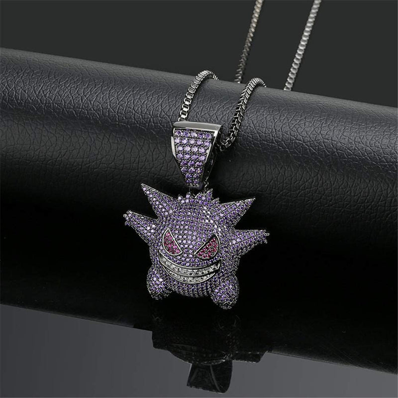 KMASAL Jewelry Unisex Exquisite Bubble Gengar Pendant Hip Hop Iced Out Rhinestone Crystal Necklace 18K Gold Plated with 24” Stainless Box Chain for Men Women (Purple) - BeesActive Australia