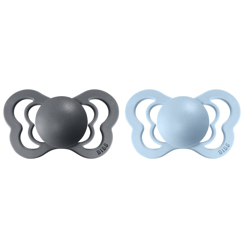 BIBS Pacifiers - Couture Collection | BPA-Free Baby Pacifier | Made in Denmark | Set of 2 Iron/Baby Blue Color Premium Soothers | Size 6-18 Months - BeesActive Australia