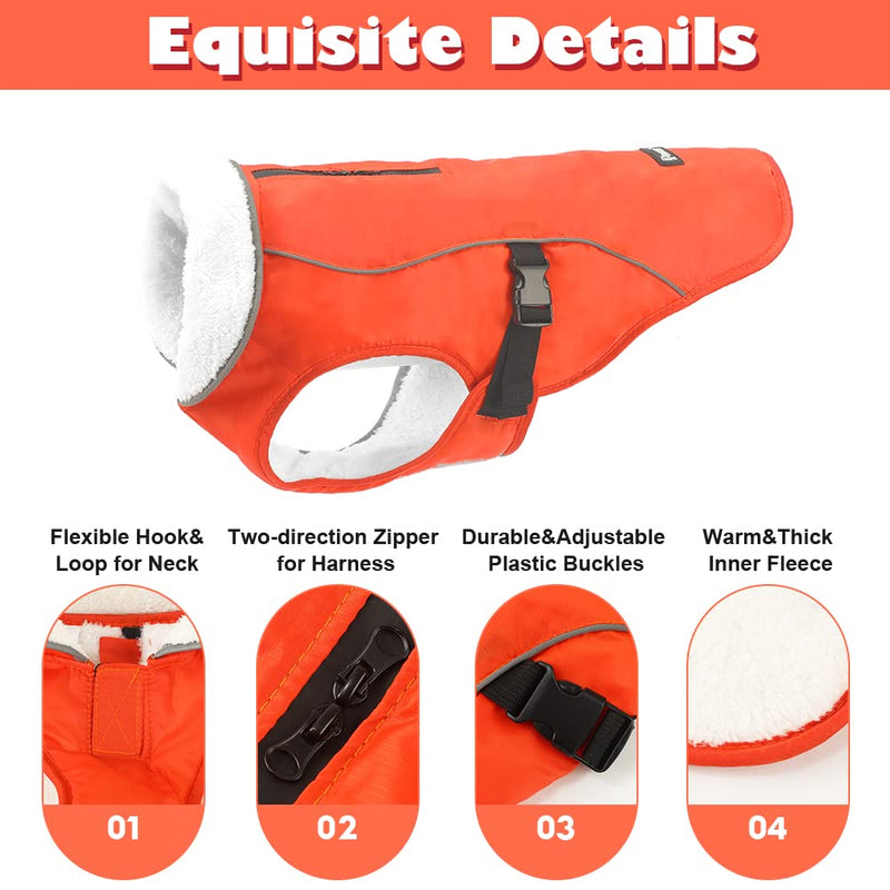EMUST Dog Winter Coat, Thick Waterproof Dog Winter Jacket, Warm Fleece Cold Weather Dog Coat Pet Apparel for Small Medium Large Dogs with Furry Collar(S-3XL) Orange - BeesActive Australia