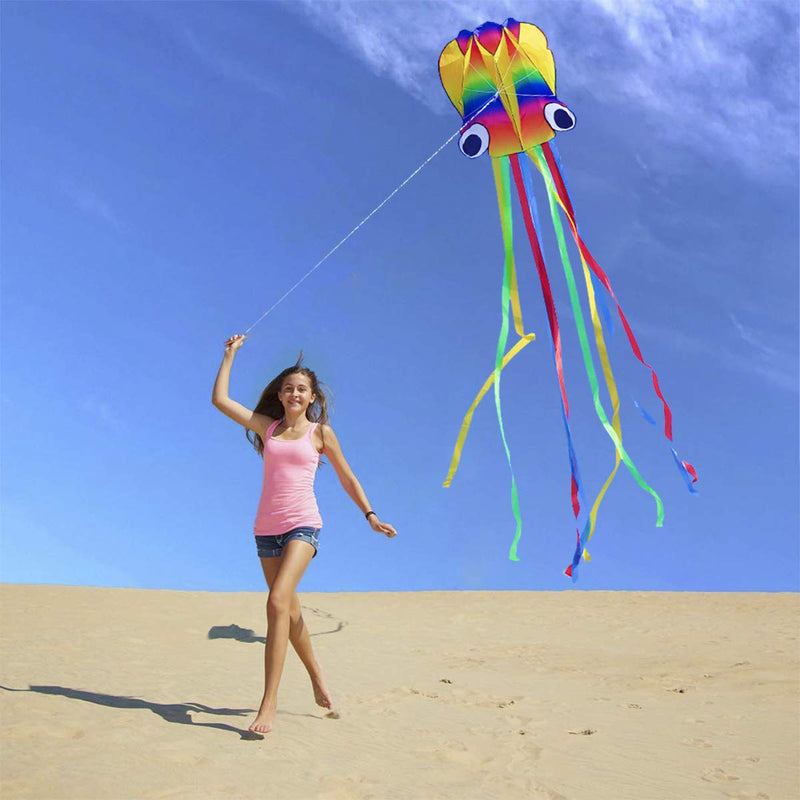 14ft R2F Rainbow Soft Octopus Kite for Kids and Audlts---Large Kite with 11.5ft Long Tail and 200ft Flying line---Easy to Fly Toy for Outdoor Games Beach and Activities - BeesActive Australia