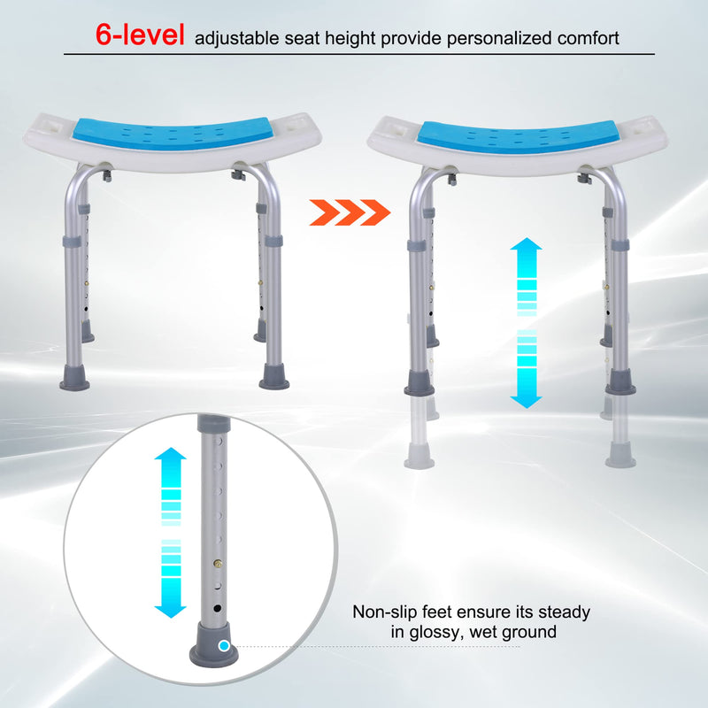 HOMCOM 6-Level Height Adjustable Aluminium Bath Room Stool Chair Shower Non-Slip Design w/Padded Seat Drainage Holes Foot Pad - BeesActive Australia