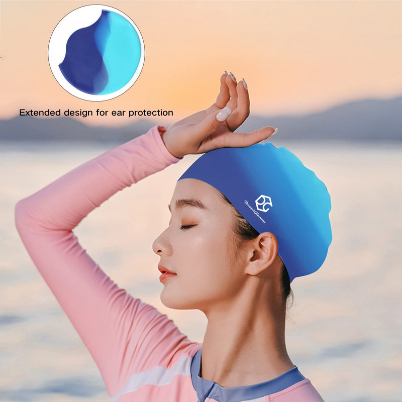 DREAM&GLAMOUR 2 Pack Womens Swim Cap for Long Hair，Silicone Swimming Hats for Women Men Adults,Bathing Swimming Caps with Ear Plugs and Nose 2 Pack Clip, Keep Hair Dry Small Gradient blue/Gradient green - BeesActive Australia
