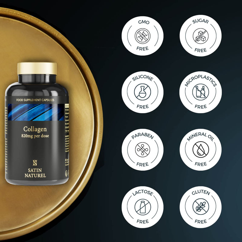 Collagen Capsules 820mg - 180 High Strength Capsules (3 Months Supply) - Premium Bovine Collagen Supplements for Women and Men - with Hyaluronic Acid and Vitamin C to Support Skin - Satin Naturel - BeesActive Australia