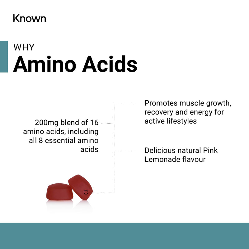 Vegan Essential Amino Acid Gummies by Known Nutrition | Essential Support for Muscle Growth, Recovery, and Energy | Delicious Pink Lemonade Flavour | 60 Two-Per-Serve Gummies (One Month’s Supply) - BeesActive Australia
