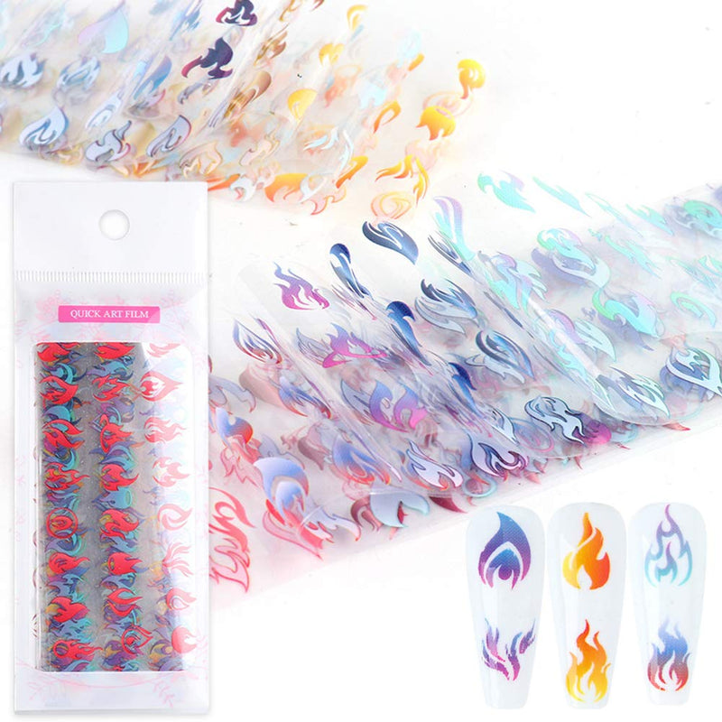 Flame Nail Art Foil Transfer Stickers Decals Holographic 10 Pcs Starry Sky Fire Flame Nail 3D Vinyls Foil Transfer Adhesive Sticker for Women Manicure DIY Decoration - BeesActive Australia