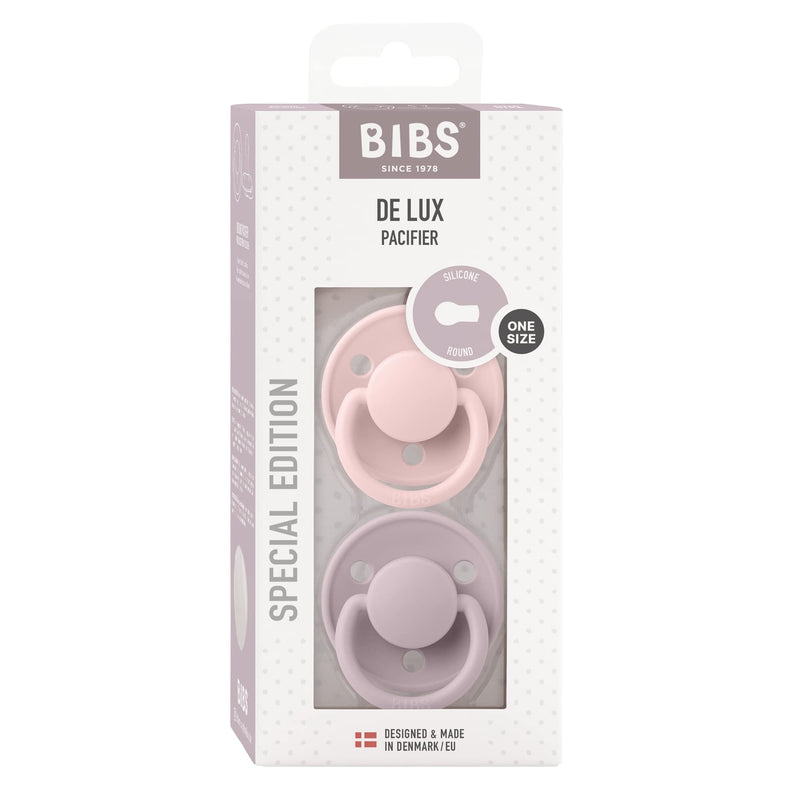 BIBS Pacifiers OneSize | 2-Pack Soothers | BPA-Free Symmetrical Nipple | Made in Denmark | Blossom/Dusky Lilac De Lux Pacifier - BeesActive Australia