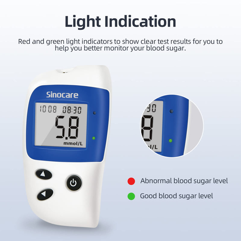 Blood Sugar Monitor, Sinocare Safe Accu2 Blood Sugar Test Kit with 100 Test Strips, 100 Lans, Light Indicator, No Coding, Easy to Use, Diabetes Testing Kit Home Use UK, mmol/L Blood Sugar Test Kit - 100 - BeesActive Australia