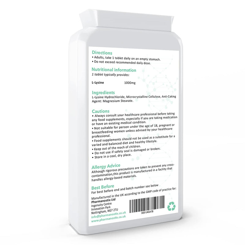 L-Lysine Tablets 1000mg 90 Tablets - High Strength Essential Amino Acid, Vegan, Non-GMO, Gluten Free Supplement, 3 Months Supply, UK Manufactured to GMP Standards by Pharmanostix - BeesActive Australia