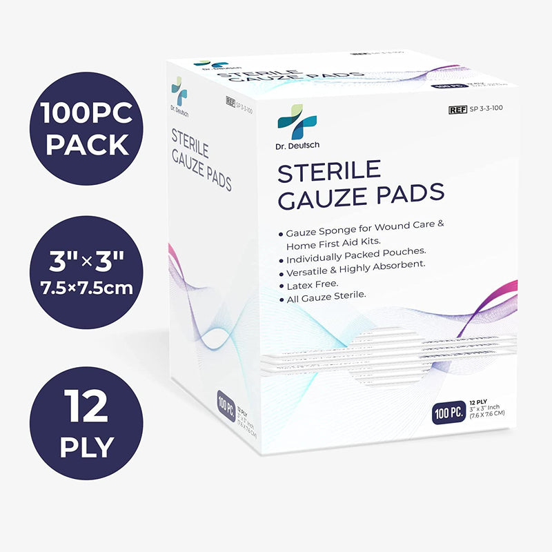 DR. DEUTSCH Sterile Gauze Pads 7.5 x 7.5 cm for Wound Dressing 100 Individually Packed Pouches, 12-Ply Cotton & Highly Absorbent, Gauze Sponge-Pads for Wound Care & Home First Aid Kits 7.5 x 7.5 cm (Pack of 100) - BeesActive Australia