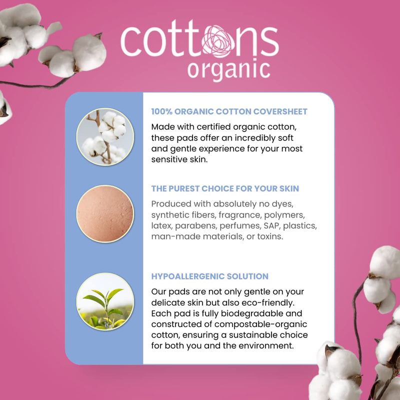 Cottons Ultra Thin Pads, Super, Pack of 12, 100% Organic Cotton, Hypoallergenic, Biodegradable Pack of 1 - BeesActive Australia