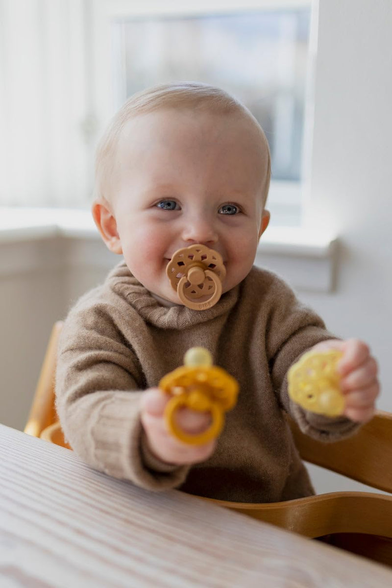 BIBS Boheme Pacifiers 2 Pack BPA Free Cherry Shape Nipple Natural Rubber Latex Made in Denmark | Sand/Honey Bee - BeesActive Australia