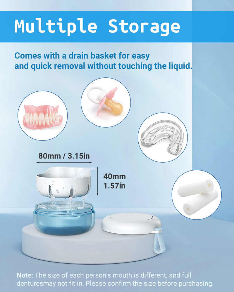 Denture Bath Box, Retainer Case for Braces, Leakproof Portable Retainer Box, Denture Cleaning Kit with Cleaner Brush Carabiner, Strainer & Mirror, Denture Cup for Aligner Retainer Mouth Guard White 3.74 x 3.74 x 1.96 inch - BeesActive Australia