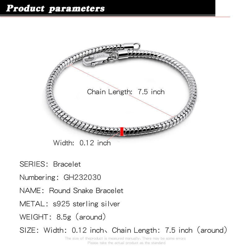 H&Beautimer Genuine 925 Sterling Silver Bracelet Solid 3-4MM Round Snake Chain Bracelet for Men - Glamour Party Jewelry - Sterling Silver Link Bracelet 6.3-6.7-7-7.5-8-8.5-9-9.5'' 3MM Width 9 Inches - BeesActive Australia