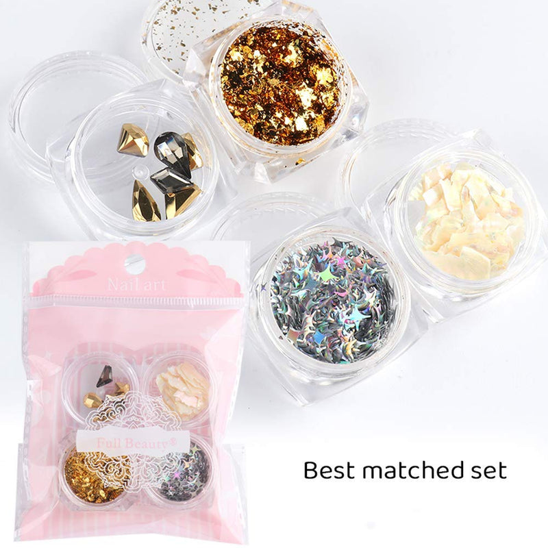 Gold Aluminum Nail Foil Star Nail Art Sequins Glitters Shell Flake 3D Rhinestone Nail Supplies Manicure Mixed Design Nails Art DIY Decoration Charms Holographic Nail Studs Fragments Jewelry 4 Boxes - BeesActive Australia