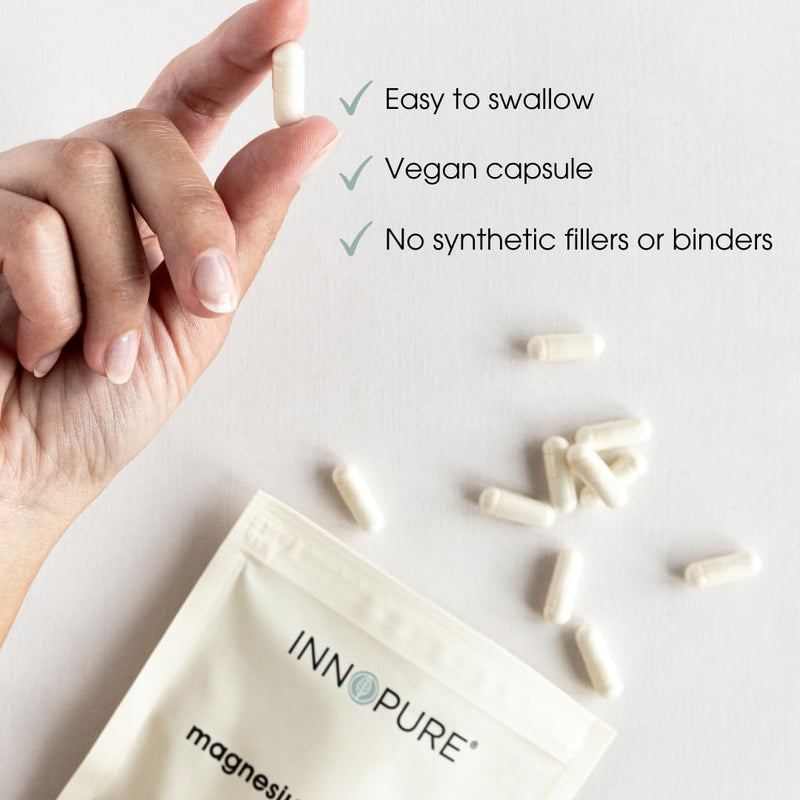 INNOPURE Magnesium Glycinate Capsules - Bioavailable Magnesium Supplements - 500mg Per Capsule Providing 100mg of Elemental Magnesium Bisglycinate Powder, 90 Capsules, UK Made 90 count (Pack of 1) - BeesActive Australia