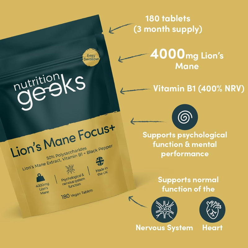 Lions Mane Supplement 4000mg with Vitamin B1 & Black Pepper, 180 Vegan Tablets - Lion's Mane Mushroom 15:1 Extract (Not Lions Mane Powder or Capsules), UK Made for Mental Performance & Nervous System - BeesActive Australia