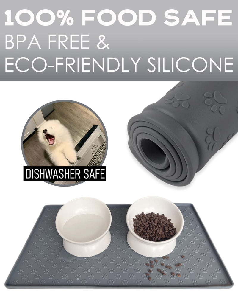 Silicone Dog Cat Food Mat, Waterproof Slip Resistant Raised Edge Pet Feeding Mats, Pet Bowl Mat Anti-Messy and Prevent Spill on Floor, Dishwasher Safe M: 18.9" X 11.8" Grey - BeesActive Australia