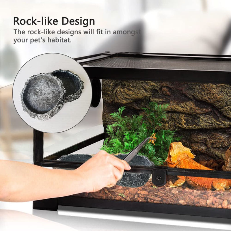 JOBEDE 2PCS Reptile Water Dish, Imitating Rock Design Reptile Food Bowl with Straight Curved Tweezers for Lizard Bearded Dragon Leopard Gecko Snake Hermit Crabs - BeesActive Australia