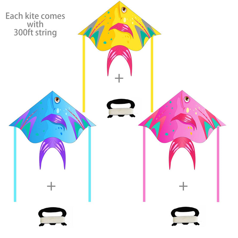 XENTUMI Fish Kite with String, Kites for Kids & Adults, Easy to Fly and Assemble, Beach Kite for Kids 4-8 8-12 Kites for Beginner Girls and Boys Delta Kites for Toddlers Age 3-5 Blue, Pink andYellow - BeesActive Australia