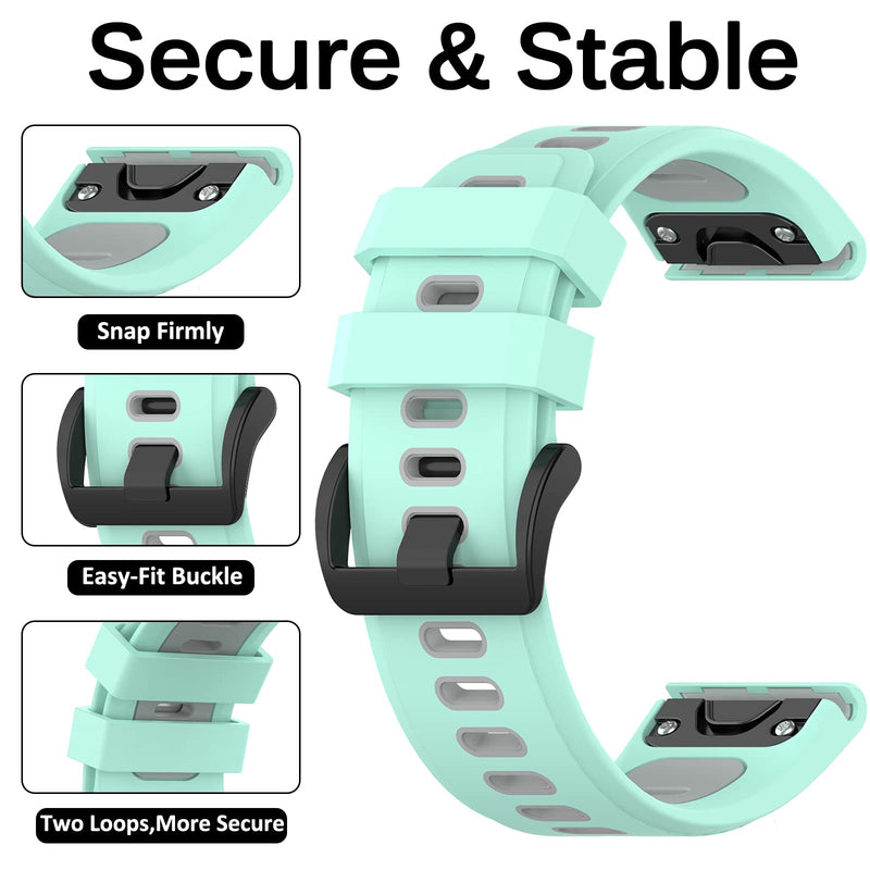 Miimall Compatible Garmin Fenix 7/6/5 Bands, 22mm Width Soft Silicone Sport Waterproof Replacement Strap Band for Garmin Fenix 7/7 Solar/7 Sapphire Solar/6/5/Garmin Instinct Women Man(Mint Green+Grey) Mint Green+Grey - BeesActive Australia