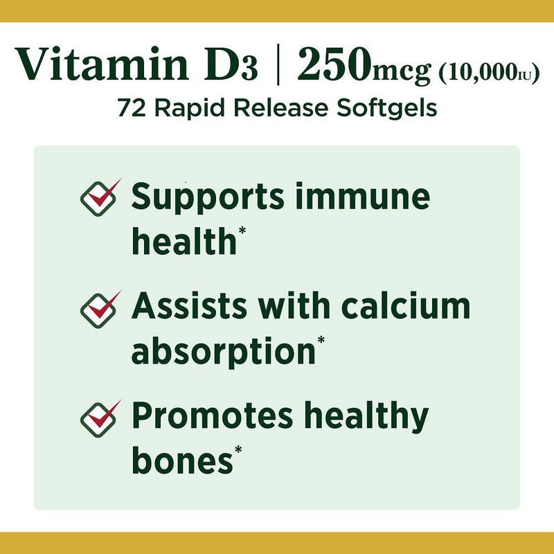 Nature's Bounty Vitamin D for Immune Support and Promotes Healthy Bones, 10000IU, Softgels, Multi-Color, 10,000 IU, 72 Count (Pack of 1) - BeesActive Australia