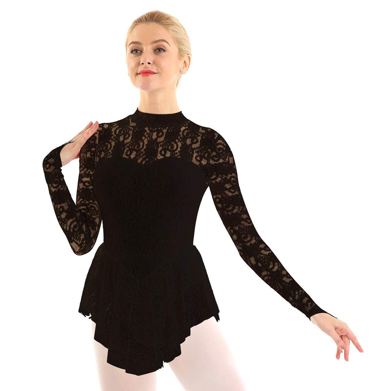 [AUSTRALIA] - YOOJIA Women's Adult Figure Ice Skating Dress Long Sleeves Lace Gymnastics Ballet Dance Leotard Dress Black Medium 