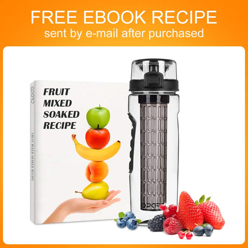 Opard Fruit Infuser Water Bottle with Time Marker, 30 oz BPA Free Infusion Daily Water Bottles Track Water Intake with Leak Proof Flip Top Lid, Infusion Rod, Cleaning Brush and Recipe Black - BeesActive Australia