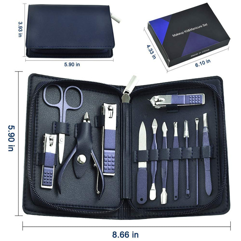 Manicure Set 12 in 1 Nail Clipper Kit Stainless Steel Nail Cutter Set Care Tools Professional Grooming Kit with Leather Travel Case for Women and Men Blue - BeesActive Australia